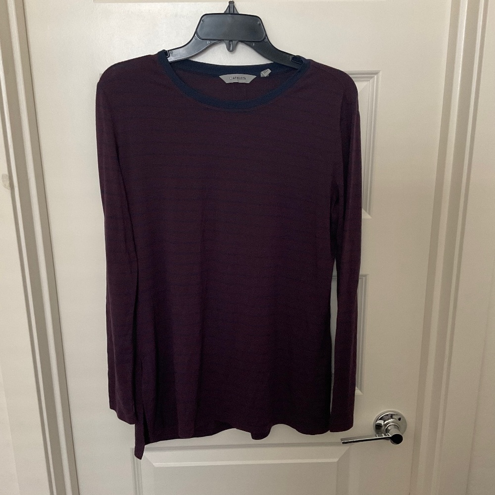 Athleta Maroon and Blue Striped Long Sleeve Tee‎ - Size Small